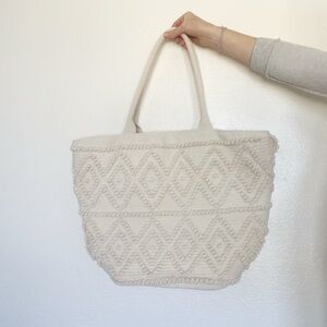 Pom Pom Knit Tote Bag Large Purse Jacquard Textured Cream Ivory Shade & Shore